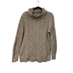 LL Bean Signature Cowl Neck Sweater Medium Womens Grey Cable Knit Fisherman